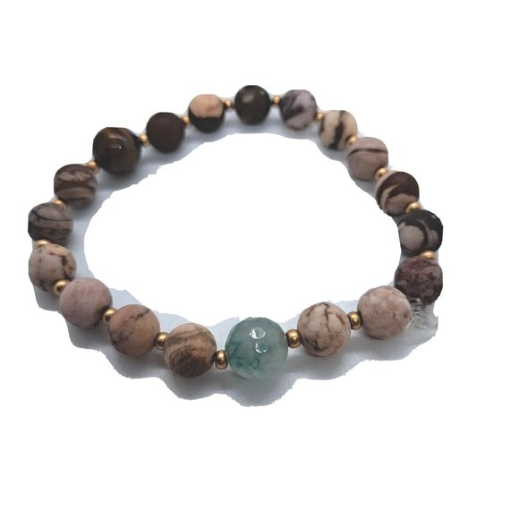 Handmade Jewelry - Handmade Matte 8mm SandStone Stretch Bracelet With Agate Accent Brown Tan Green